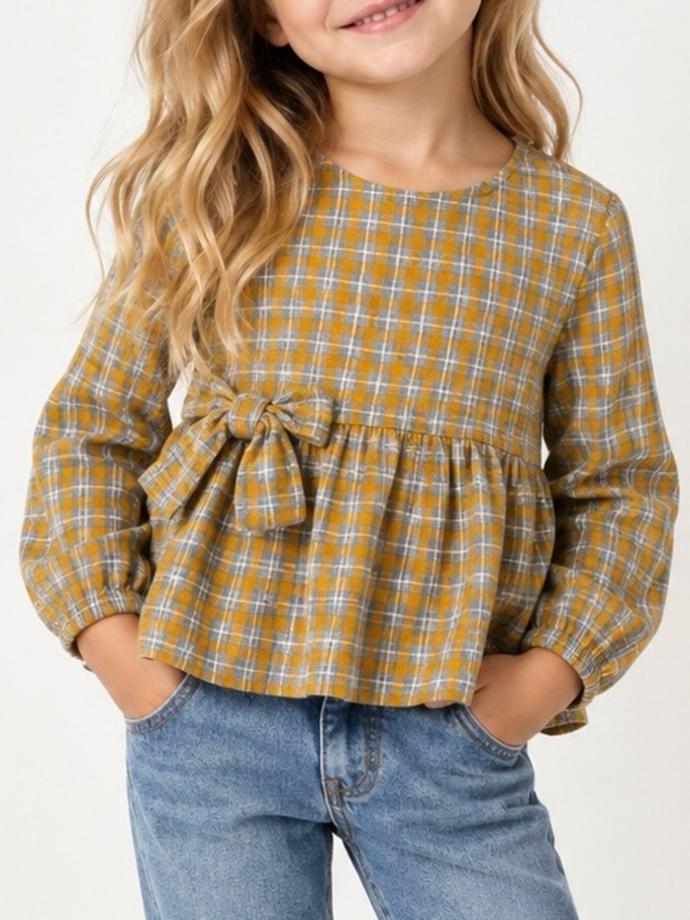 Zara Girls Plaid Peplum Bow Blouse Mustard Yellow Gray Long Sleeve 3-4Y